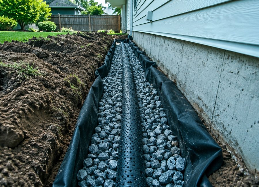 French drain trench with perforated pipe and drainage gravel