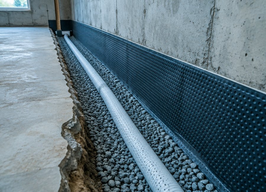Interior drainage pipe set in gravel along a basement footing