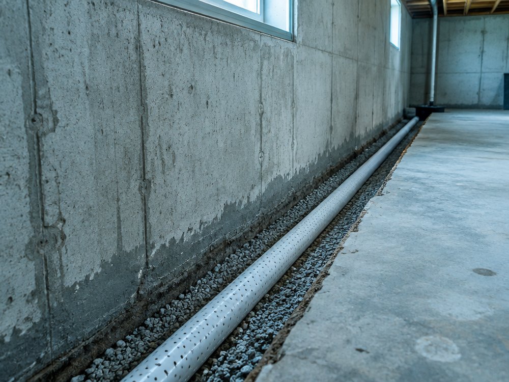 Interior drainage channel installed along a basement foundation wall