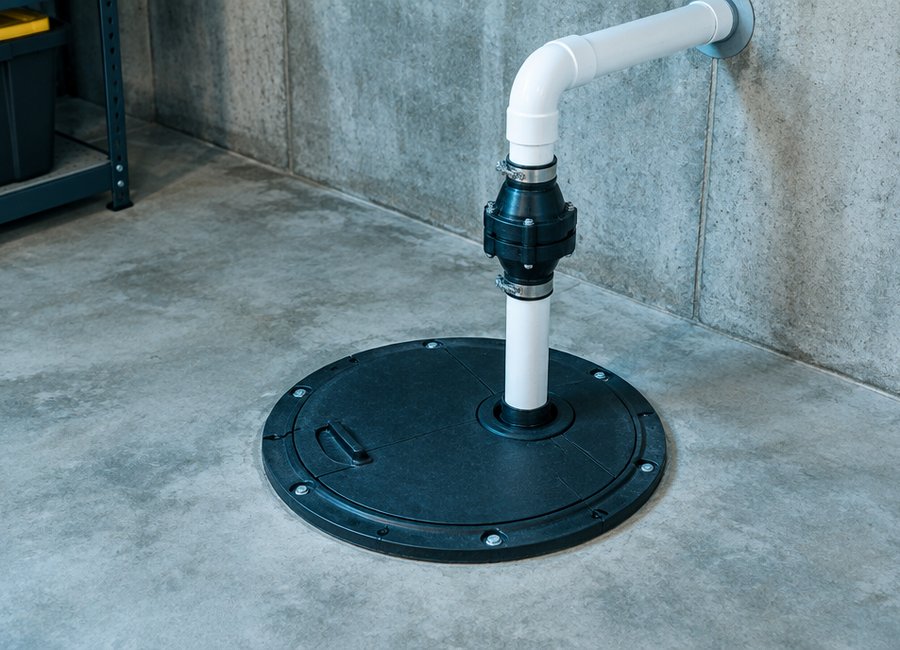 Sump pump basin with discharge line installed in a basement floor