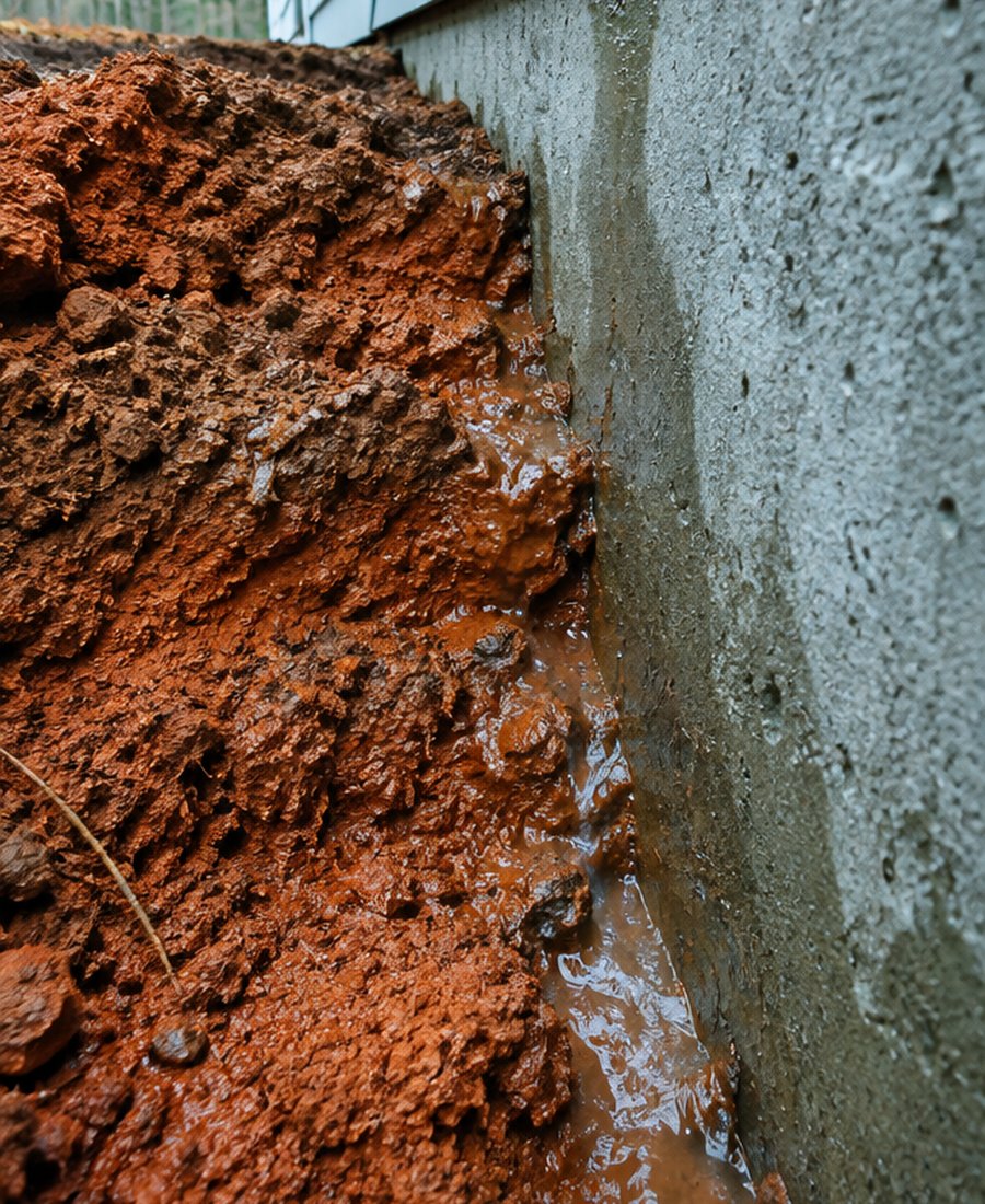 Saturated red Piedmont clay pressing against a home's foundation wall